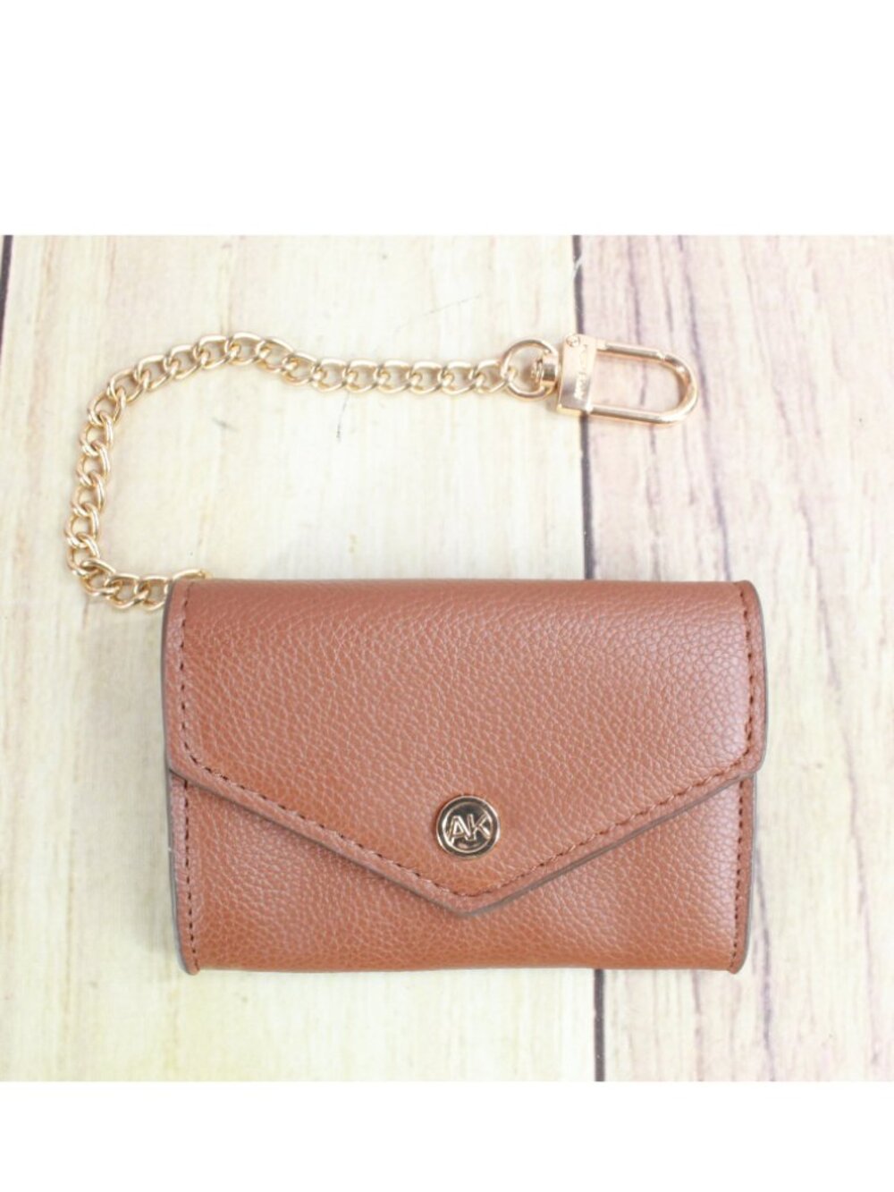 Anne Klein Brown Pebbled Vegan Leather Mini Envelope Card Case with Gold Chain